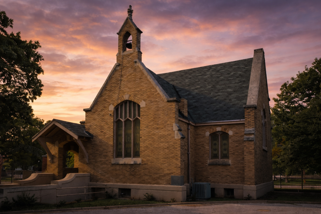 Historic Oakwood Chapel at sunset