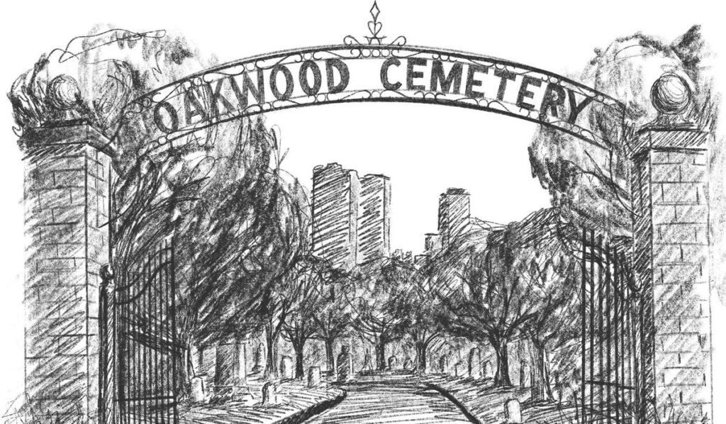 Oakwood Cemetery gate entrance in chalk, drawing.